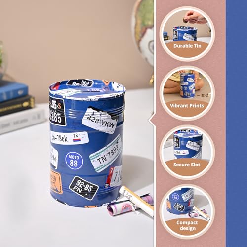 Image of Market99 Round Money Bank | Blue Tin Coin Bank with Glossy Finish & Quote Pattern | Durable Piggy Bank for Kids & Adults | Fun Savings Box for Home, Desk, Office Decor & Gift Purpose
