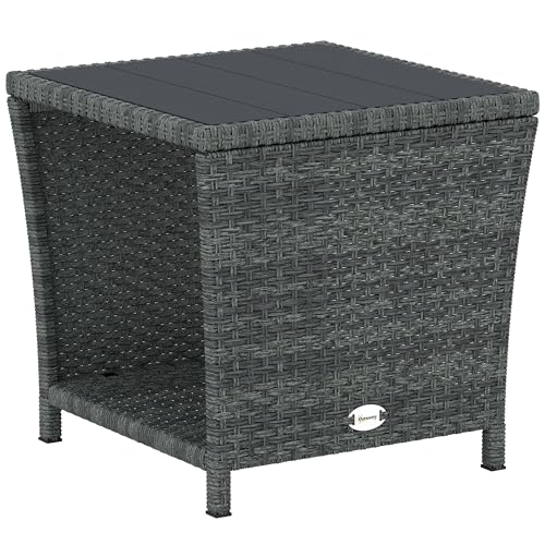 Outsunny 2-Tier PE Rattan Side Table with Storage Shelf Square Outdoor Coffee Table with PS Wood Slat Top UV-Resistant for Patio Garden Balcony Grey