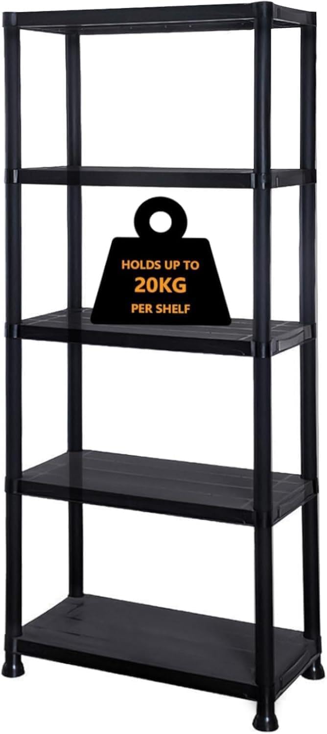 VIVAAS Heavy Duty Black Plastic Storage Shelving Unit Garage Storage Shelves Racking Shelving Unit Home, Office, Pantry, Warehouse, Garage, Shed, Stockroom, kitchen and Workshop (5 Tier)