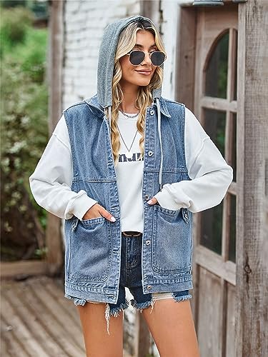 Image of PAODIKUAI Women's Oversized Denim Vest - Sleeveless Distressed Jean Vest with Pockets for Casual Layering