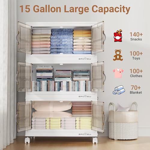 300Qt Stackable Storage Bins with Lid, Extra Large Closet Organizer Collapsible Drawer Boxes with Wheels, Folding Plastic Cabinet Containers for Home Kitchen Room Organization, 5Pack White