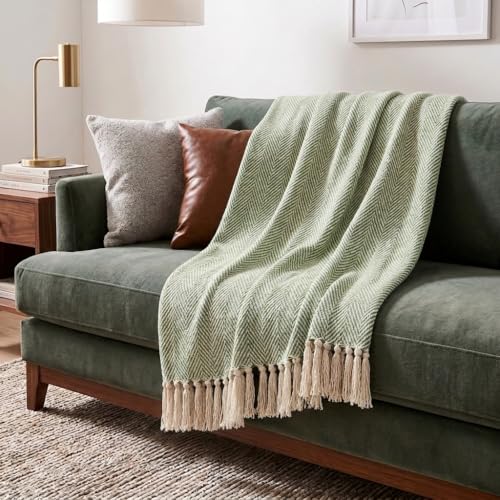 Americanflat 100% Cotton Throw Blanket for Couch - 50x60 Sage and Beige Throw Blanket for Bed or Sofa - Machine Washable, All Seasons Neutral Lightweight Throw Blanket for Indoor or Outdoor Use