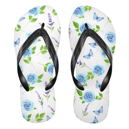Burbuja Blue Roses Lavender Flip Flops for Women Men, Soft Thong Sandals Rubber Slippers for Pool Beach Essentials