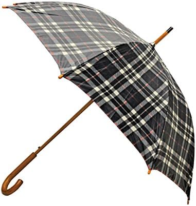 Rainbrella Classic Auto Open Umbrella with Real Wooden Hook Handle, Black Plaid, 46"