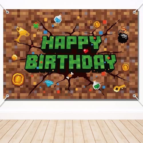 SAVITA Décorations d'Anniversaire Pixelisées, 150 x 100cm, Bannière Joyeux Anniversaire Toile de fond pour Fête Sur le Thème Des Mineurs TNT et Pixel pour Enfants Garçons Jeux de Fête