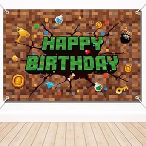 Decoraciones de cumpleaños de píxeles, telón de fondo de pancarta de feliz cumpleaños de 5×3 pies para celebración temática de minero TNT y píxeles para niños varones, suministros de fiesta de juegos