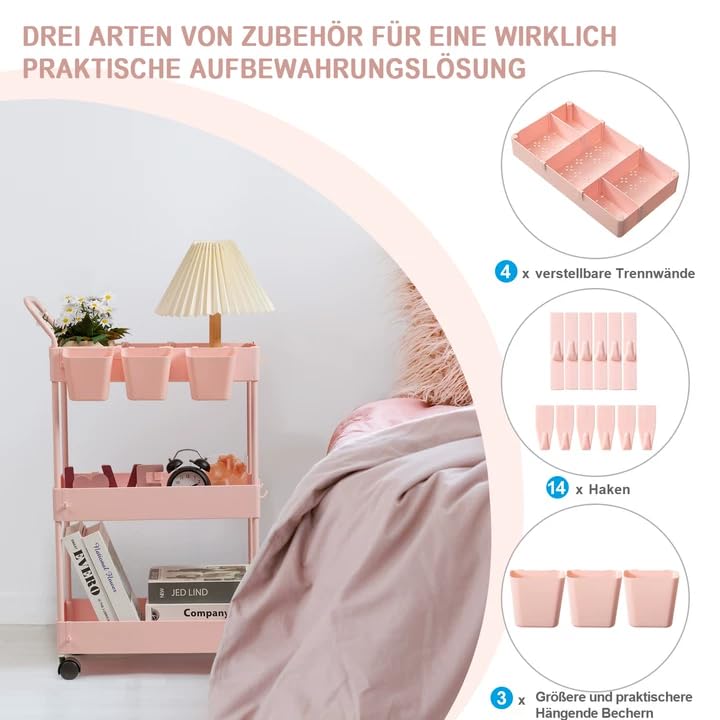 Danpinera Chariot De Rangement 3 Niveaux Sur Roulettes – Étagère Étroite 22 Cm Pour Salle De Bain, Cuisine, Buanderie – Vert Menthe Avec Crochets, Tasses & Diviseurs
