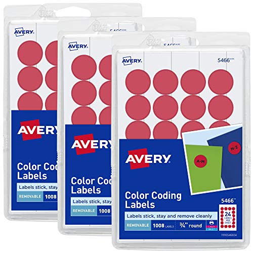 Avery Round Color Coding Labels, Removable Adhesive, Red, 0.75", 3 Pack, 3,024 Labels Total (32136) #TOP6
