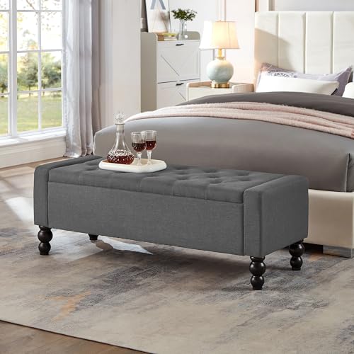 Image of 50 inch W Storage Ottoman Bench with Safety Hinge, Load up to 660 lb Ottoman with Storage, Upholstered Tufted Entryway Bench with Seating for Living Room, Bedroom, Entryway, Dark Gray