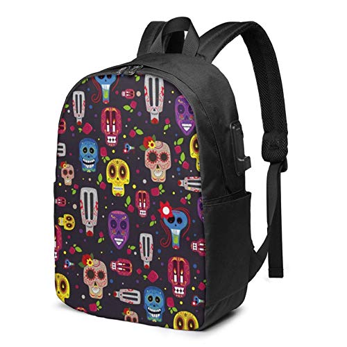 XCNGG Mexican Skull Travel Laptop Mochila College School Bag Mochila Informal con Puerto de Carga USB