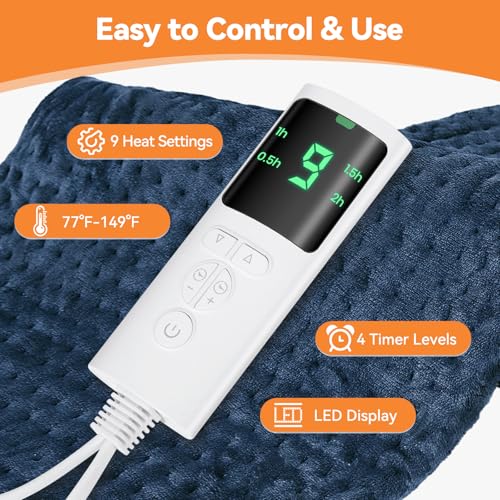 Image of Heating Pad for Back Pain, 17 inchx33 inch Electric Heat Pad with 9 Heat Levels & 4 Auto-Off Timers, Portable Heating Pad for Period Cramps, Shoulder, Neck, Machine Washable, Gifts for Women Men, Blue