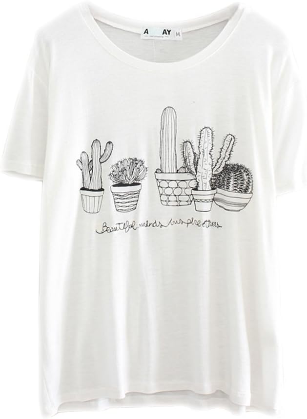 ABADAY White Short Sleeve Cactus Print T-Shirt (XXL, White)