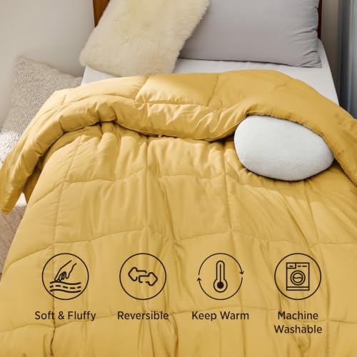 Image of Bedsure Comforter Duvet Insert - Quilted Comforters Twin Size, All Season Duvet, GentleSoft Down Alternative Bedding Blanket, with 8 Tabs, Gifts for Women /Men, Mustard Yellow, Twin 88 x 68 Inches