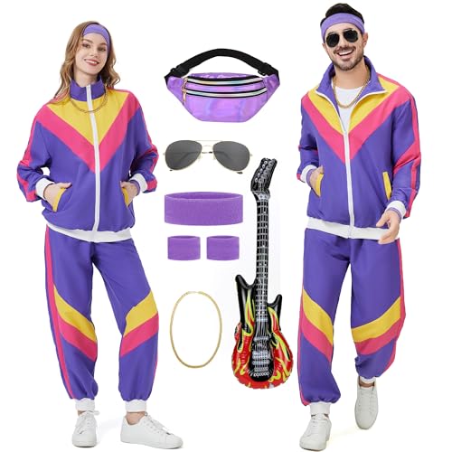KUKIKUKI 80S Trainingsanzug Kostüm für Männer Frauen Retro 90er Jahre Kostüm Outfit Disco Trainingsanzüge Hip Hop Sportanzug Set (Lila 2XL)