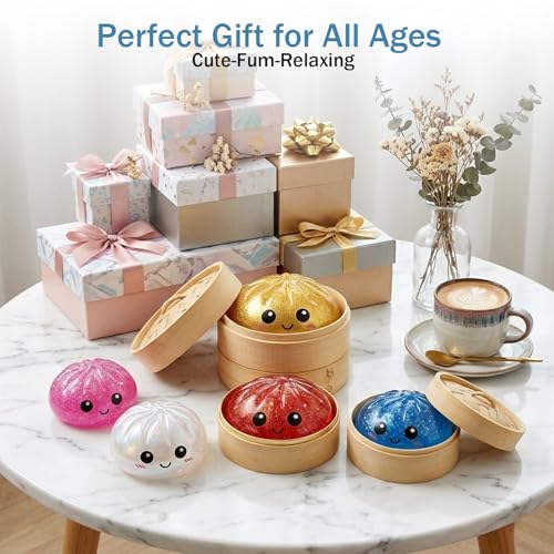 Image of Dumpling Squishies, Dumpling Squishy Mystery Box, Stocking Stuffers with Food Steamer Stretchy Desk Toys (Glitter Green)