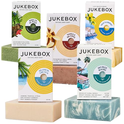 JUKEBOX Natural Bar Soap Island in the Sun Thats Limone! Vanilla on Vinyl Born To Be Wild & Sky Blue Malibu Cold Process Bath Soap No Harmful Ingredients All Skin Types-by Dr. Squatch-4.5oz 5 Pk