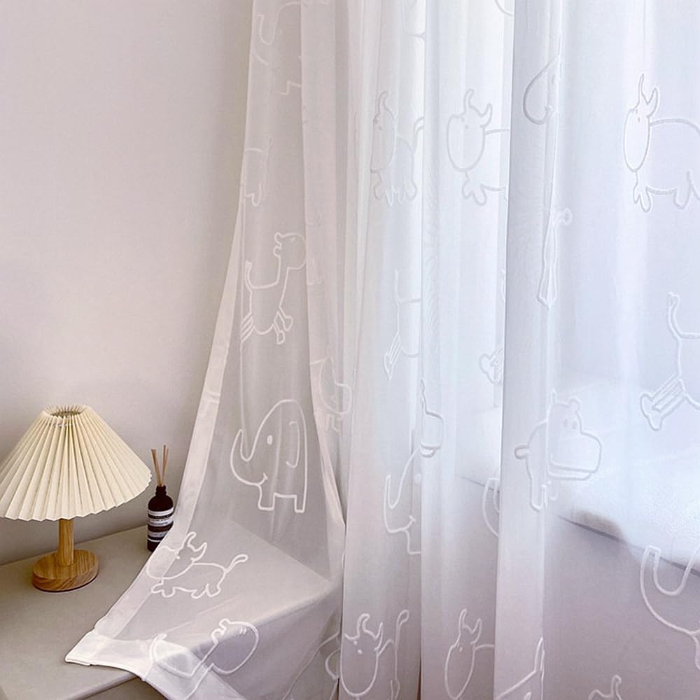 Cartoon 3D Animals Sheer Curtains for Kids Bedroom Living Room Grommet Top White Light-filtering Embroidery Privacy Tulle Curtain for Boys Girls Bay Window Nursery Room 1 Panel (W52 L84 inch,White)