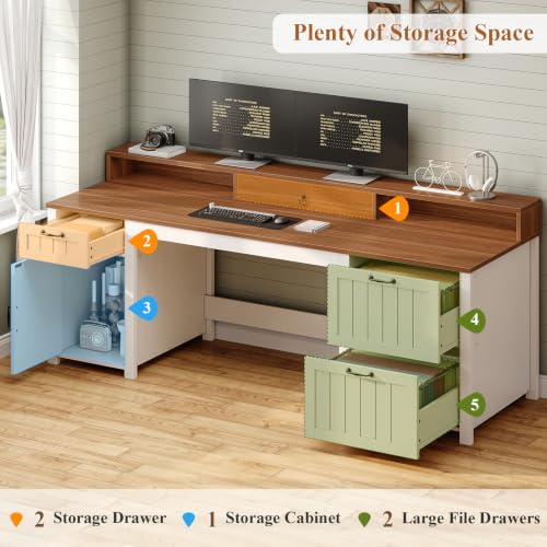 Image of SEDETA Farmhouse 63 inch Executive Desk, Home Office Desk with File Drawer and Monitor Stand, Computer Desk with Drawers and Storage Cabinet, Wood Desk for Work Study Writing, White Brown