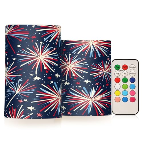 Image of ALAZA Fireworks Blue Red 4th July Flickering Flameless Candles Battery Operated with Remote Timer,Tea Light Candles LED Pillar Votive Patriotic Candles Set of 2 for Outdoor Indoor Decorations