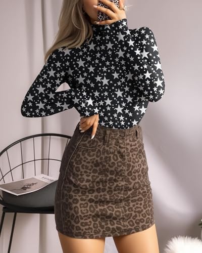 Image of MANGOPOP Women's Mock Turtle Neck Long Sleeve Tops Bodysuit Jumpsuit, Long Sleeve 1#stars, Small