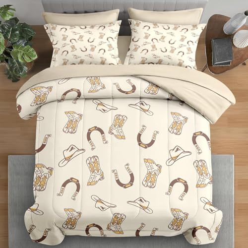 Image of Pamnest Comforter Set King Size, Vintage Cowgirl Cowboy 7 Pcs Bedding for Kids and Adults, Retro Western Horseshoe Bed Sheet Sets with Fitted Sheet 2 Pillowcases & 2 Shams