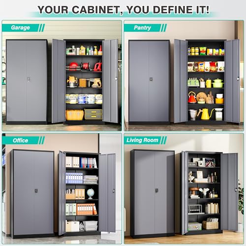 Image of SISESOL Metal Storage Cabinet with 2 Doors and 5 Shelves,Gray Metal Cabinet with Lock,71 inch Lockable Garage Storage Cabinets,Locking Steel Cabinets for Home,Office,Garage,School
