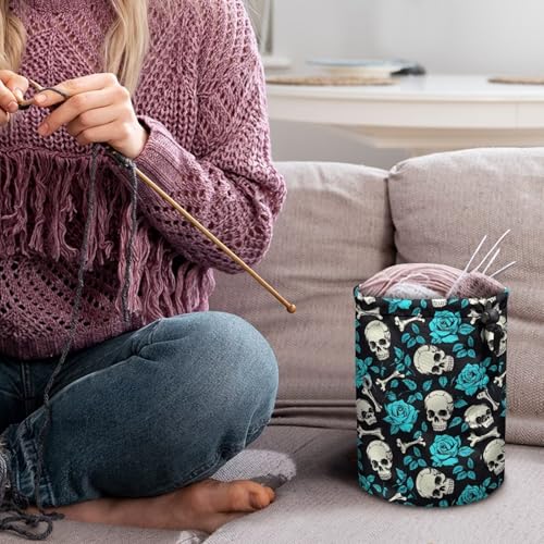 Image of Sellikakes Skull Rose Small Yarn Storage Bag with Drawstring, Mini Knitting Yarn Holder Stores Skein Ball, Crochet Project Knitting Supplies