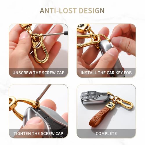 Image of Gkeygo Carabiner Keychain, Universal Heavy Duty Woven Handmade Leather Key Chain, Car Fob Key Keychains with 360 Degree Rotatable Snap Swivel and Anti-Lost D-Ring for Men and Women,Light Gold - Brown