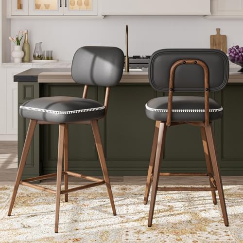 Image of MALOL 26 inch Swivel Bar Stools Set of 3, Mid Century PU Leather Counter Height Bar Chairs with Low Back and Metal Legs, Modern Bar Stool Chair for Kitchen Island, Black