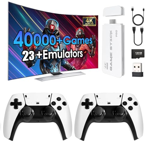 Image of 2025 New 128GB Retro Gaming Stick, Mini Arcade Console with 40,000+ Games & 23 Emulators, Wireless HDMI TV Game Stick for Adults /Kids, 4K HD Plug & Play, 2.4G Dual Controller (White)