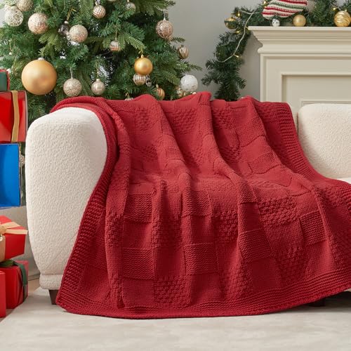 Amélie Home Checkered Chenille Knit Throw Blanket for Couch, Classic Texture Decorative Soft Blanket for Sofa, Chair & Bedroom, 50"x60", Christmas Red