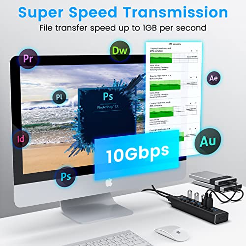 Powered-USB-Hub-Rosonway-10-Port-USB-31-Hub-10Gbps-with-36W-12V3A-Power-Adapter-Type-A-and-Type-C-Cables-Aluminum-USB-C-Hub-Splitter-for-PC-and-Laptop-RSH-A10S