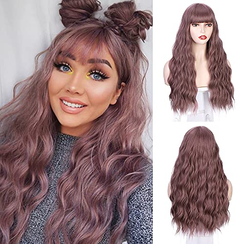 Vigorous Pink Wigs with Bangs Long Wavy Synthetic Wig Loose Wave Cosplay Wig Colorful Wigs for Women Daily Party Use