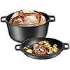 ME JO 6L Cast Iron Dutch Oven with Multi-Functional Cast Iron Skillet Lid – Heavy-Duty Casserole Dish with Lid for Bread Making, Roasting to Frying | 4.8L Capacity | Pre-Seasoned, Hob and Oven Safe
