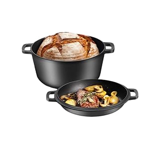 ME JO 6L Cast Iron Dutch Oven for Sourdough with Multi-Functional Cast Iron Pot Skillet Lid – Heavy-Duty Casserole Dish with Lid for Bread Making, Roasting to Frying | Pre-Seasoned, Hob and Oven Safe