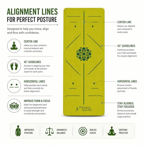 Image of Fitness Mantra TPE Yoga Mat for Women & Men | Anti-Slip Alignment Design | Premium Cushioning Exercise Mat for Yoga, Gym & Workout | Lightweight & Durable | 6mm Thickness |AlignFlow| Lime Green|