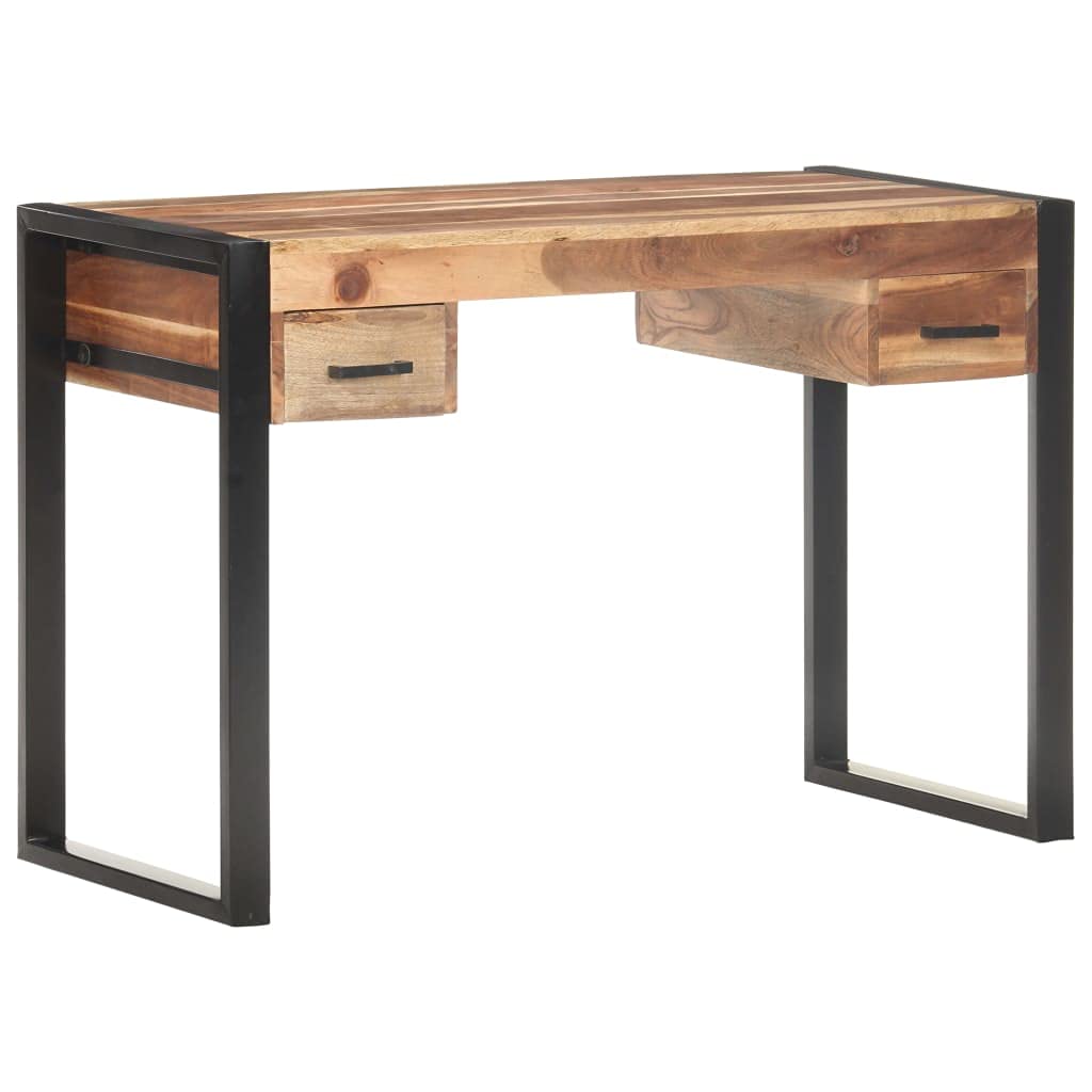 Vintage Schreibtisch 110x50x76 cm aus massivem Akazienholz und Gummibaumholz mit Zwei Schubladen, Stahlgestell für Stabilität, vielseitig als Computertisch oder Bürotisch nutzbar
