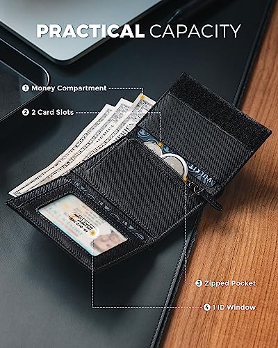 VULKIT Trifold Canvas Wallet Slim Credit Card Holder with 3 ID Windows & Zipper Pocket Rfid Blocking Minimalist Nylon Wallet for Men, Small Mens Polyester Touch Fasteners Wallet (Black)3