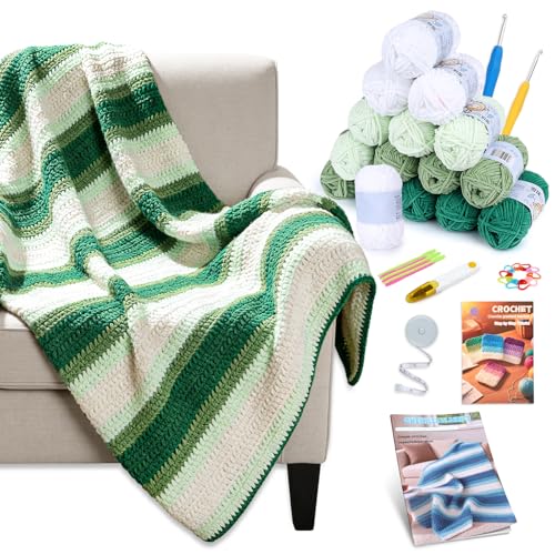 Reessy Crochet Blanket Kit for Beginners Adults Gradient Green Ombre Throw Blanket Kit with Soft Chenille Yarn Hooks & Instructions Handmade Crochet Starter Set for Adults