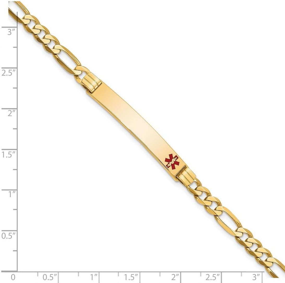 JewelryWeb 6.5mm 14k Solid Yellow Gold Medical Red Enamel Flat Figaro Link ID Bracelet Identification Bracelet for Women