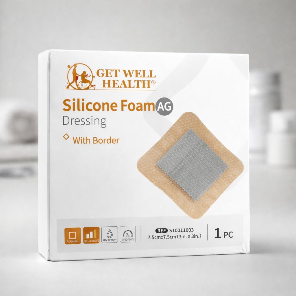 AG Silicone Gel Foam Dressing for Bed Sores and Pressure Ulcers, Dressing Waterproof Bandage, Antimicrobial with Silver Dressing Pad (7.5cm x 7.5cm)