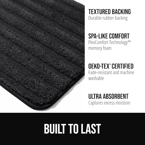 GORILLA GRIP Textured Backing Bathroom Rugs, Soft Memory Foam Absorbent Striped Bath Mats, Machine Washable & Fade Resistant, Bathmat Accessories for Floor, Home Decor Shower Essentials, Black 30x18