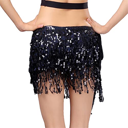 Mrotrida Women's Sequins Fringe Dance Skirts Belly Dance Fringe Hip Scarf Belts (Black Style-1)