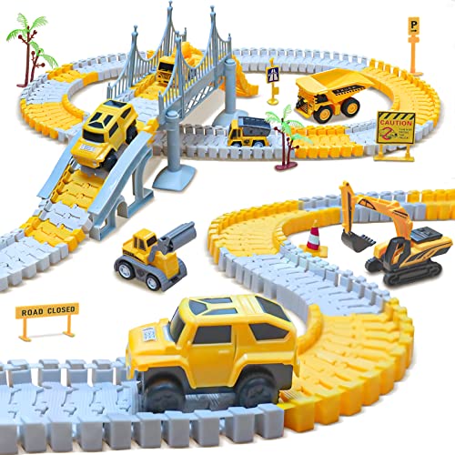 Bdwing 276 Piezas de construcción de Pistas de Carreras Flexibles con 2 Piezas de construcción eléctrica con luz,Regalo para niños 2 3 4 5 años (Pista Amarilla) Cover