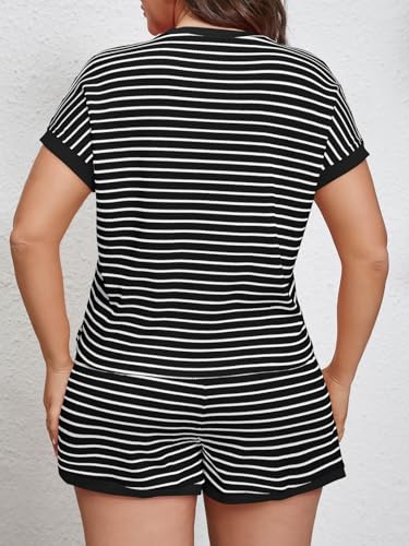 Image of Beautife Womens Plus Size Lounge Set 2 Piece Outfits Stripe Short Sleeve Shirts Tops Shorts Summer Casual Loungewear