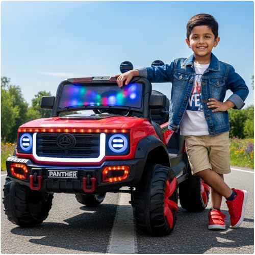 Image of Toyzone Panther Electric Jeep (Red) | 12V Rechargeable Ride on with 5Ah Battery | Music Player with BT, USB & AUX | Smooth Acceleration | 6M Battery Warranty | Age 3-10 Years, Upto 50 kg