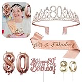 80th Birthday Decorations for Her, Birthday Sash, Crown/Tiara, Candles, Cake Toppers, Balloons, 80th