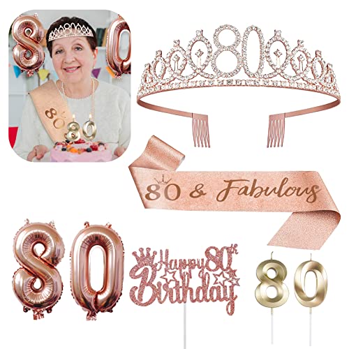80Th Birthday Decorations For Her, Birthday Sash, Crown/Tiara, Candles, Cake Toppers, Balloons, 80Th Birthday Gifts For Women, Birthday Decorations For Women, Rose Gold (80Th) #TOP17