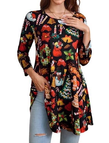 Enmain Weihnachts Tunika Damen Langarm Schwarze Oberteil Weihnachten 3/4 Ärmel Große Größen Tunika Bluse Weihnachtsbluse Lustig Longshirt Damen...