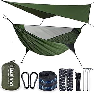 Himeland Hamac avec Moustiquaire et Bache, Hammac Camping Pliable (Nylon Respirant Léger), Hammock Bivouac avec Accessoires 275x140cm Max 200kg Anti-Pluie, pour Jardin Exterieur Voyage Randonnée